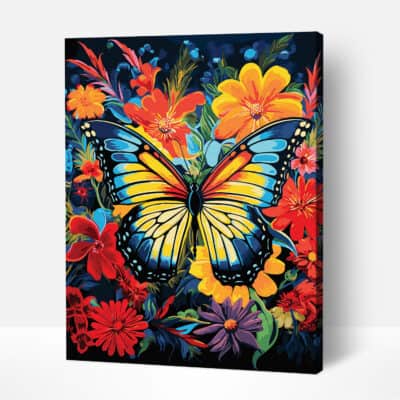 A butterfly is perched on a colorful flower, surrounded by a variety of flowers, with its wings spread out and positioned in the center of the scene.