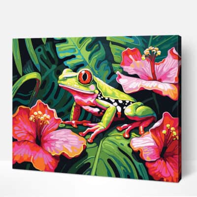 A small green frog is sitting on a pink flower in a lush green forest, surrounded by other flowers and leaves.
