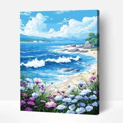 A painting of a beach scene with a lush green hillside, a beautiful ocean, and a variety of flowers is displayed on a card