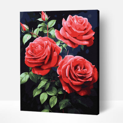 painting of a bouquet of red roses, with the flowers arranged in a vase on a table.