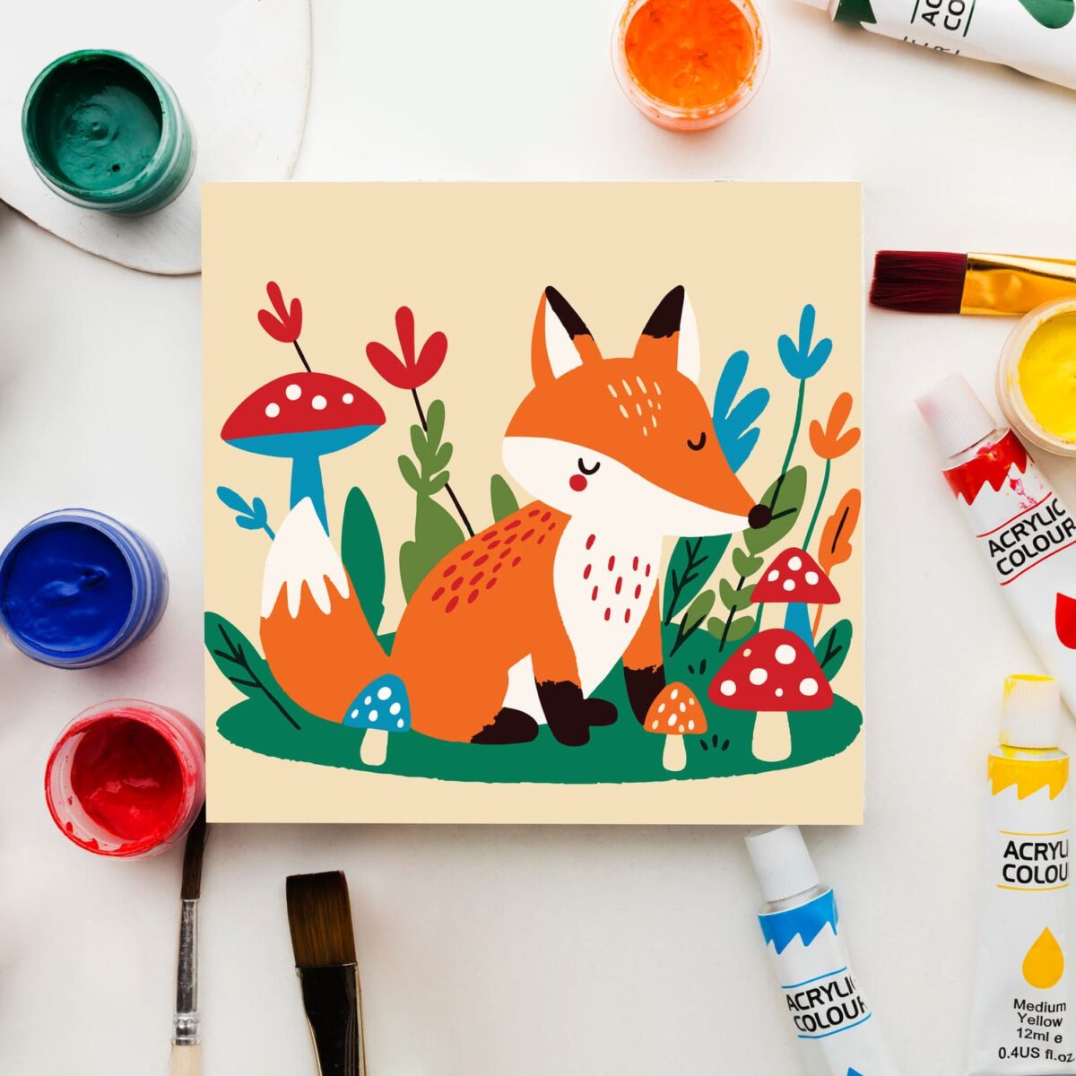 Fox and Mushrooms paint by numbers for kids